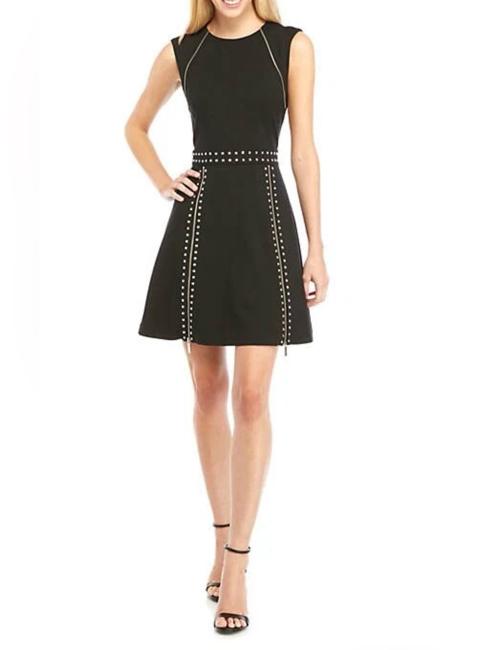 MICHAEL Michael Kors Black Pyramid Studded Zipper-Trim A-Line Dress Large